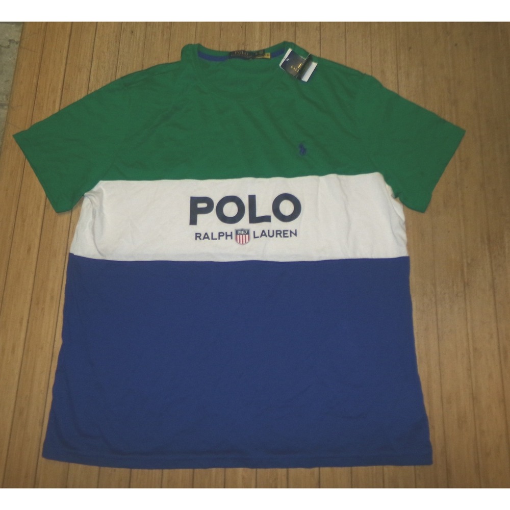 Polo Ralph Lauren Mens XL Colorblock T-Shirt Green White Blue 1967 Graphic NWT